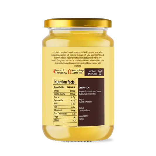 Buy A2 cow bilona ghee combo product jar showcasing nutritional facts and traditional bilona preparation details.