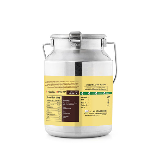 A2 Bilona Ghee 5 liter jar with nutritional facts and details from Madhura Farm.