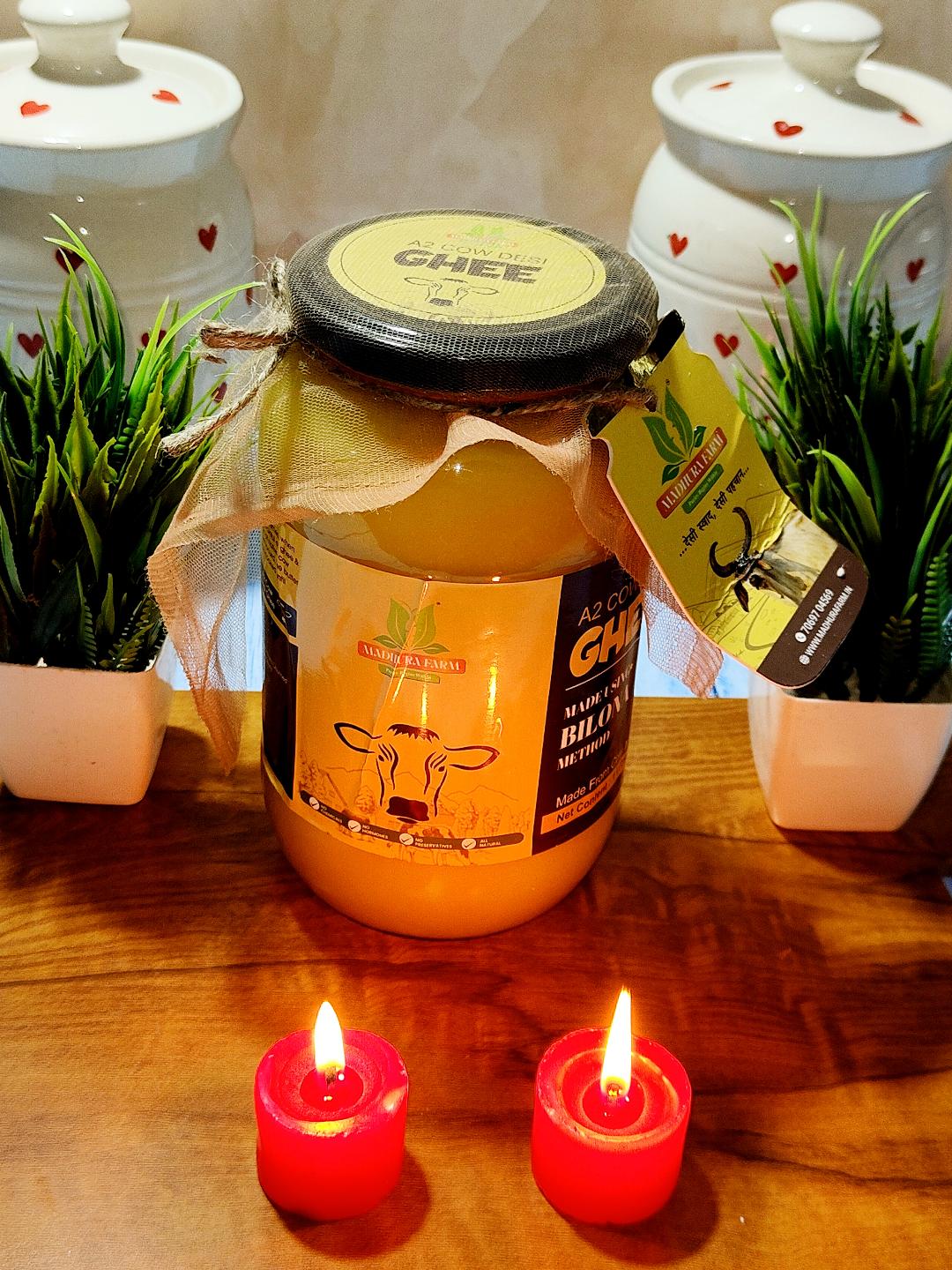 Pure A2 Cow Desi Bilona Ghee Jar with Diya - Madhurafarm Authentic Ghee from Gujarat
