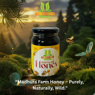 Madhura Farm A2 Cow Bilona Ghee combo offer with Wild Forest Honey jar surrounded by nature with a tagline "Purely, Naturally, Wild".