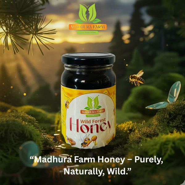 Madhura Farm A2 Cow Bilona Ghee combo offer with Wild Forest Honey jar surrounded by nature with a tagline "Purely, Naturally, Wild".