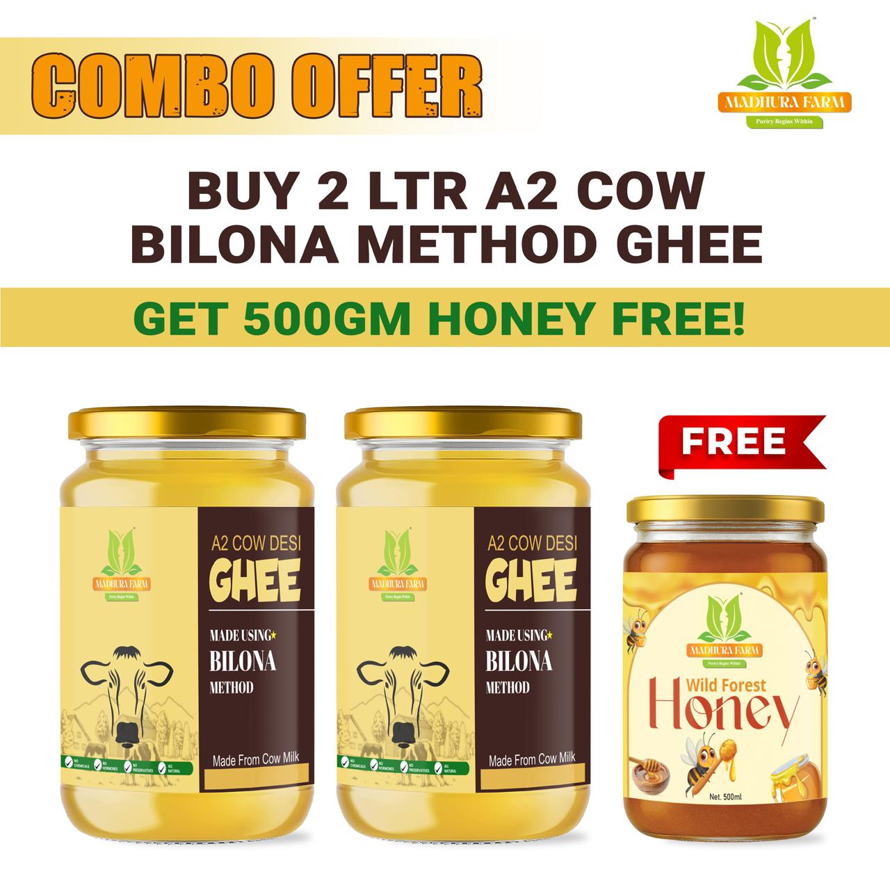 A2 Cow Bilona Ghee combo offer featuring two jars of ghee and a free 500g jar of wild forest honey.