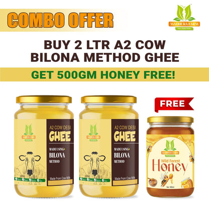 A2 Cow Bilona Ghee combo offer featuring two jars of ghee and a free 500g jar of wild forest honey.