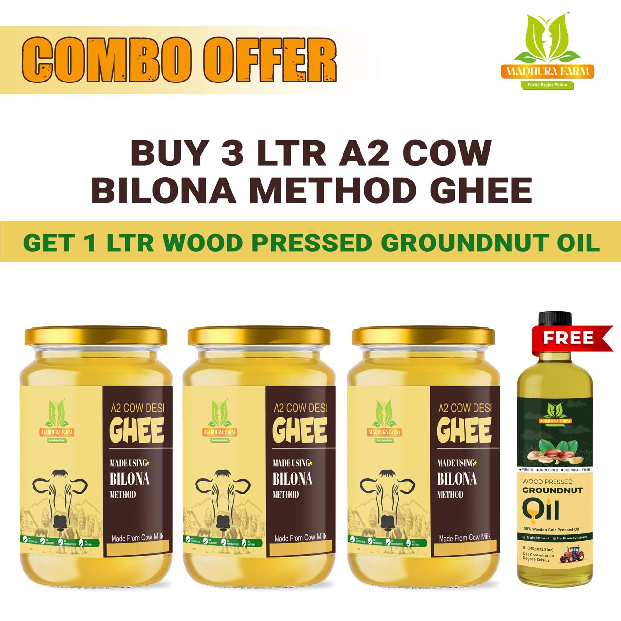 Buy A2 cow bilona ghee combo with three jars of ghee and a free 1L groundnut oil offer.