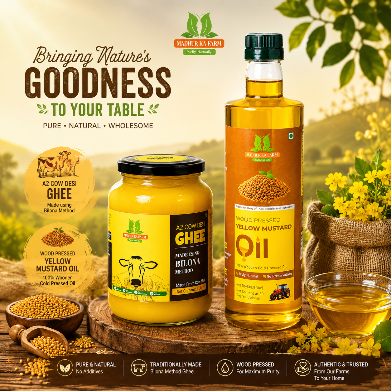 Buy 1L A2 Bilona Ghee & 1L Wood Pressed Yellow Mustard Oil